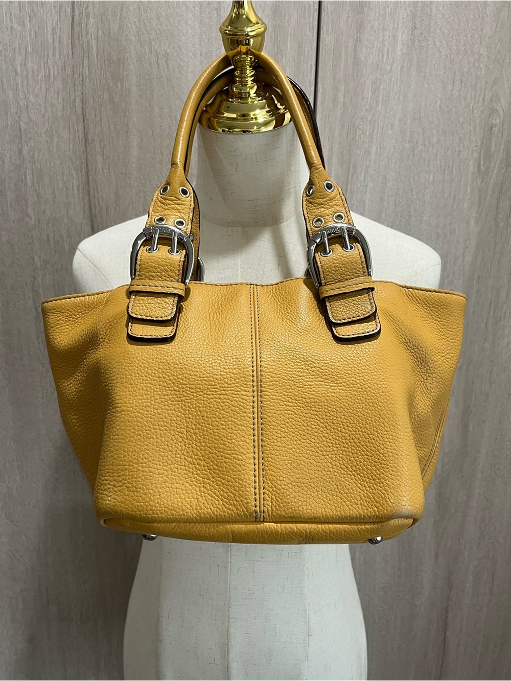 Tignanello Mustard Yellow Pebbled Leather Tote Shoulder Bag Silver Hardware